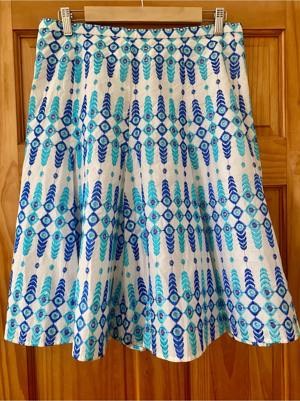 WD.NY Blue White Embroidered A-Line Midi Skirt Sequin Boho Resort Size M